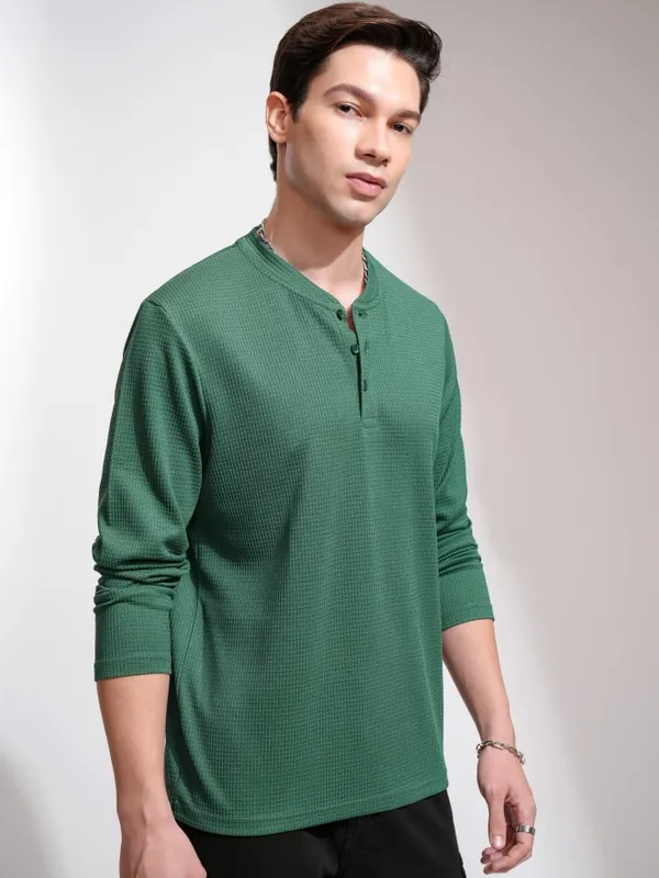 Highlander Men Teal Self Design Henley Neck Relaxed Fit T-Shirt