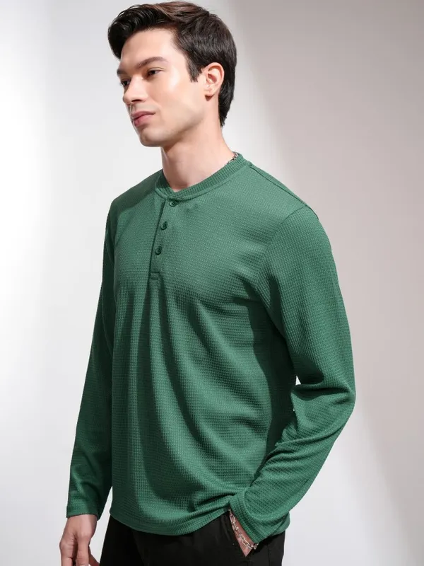 Highlander Men Teal Self Design Henley Neck T-Shirt