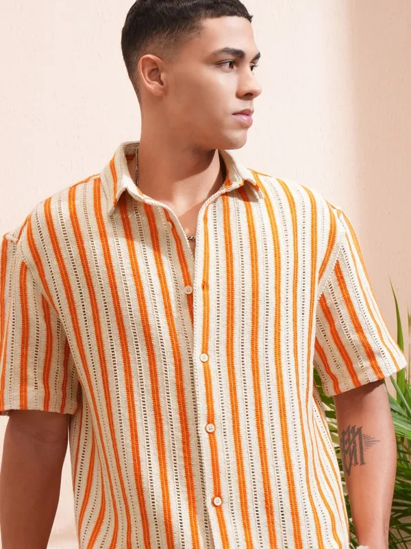 Highlander Men Beige & Orange Crochet Relaxed Shirt