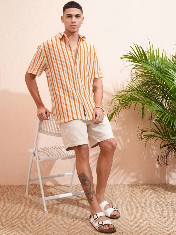 Highlander Men Beige & Orange Crochet Relaxed Shirt