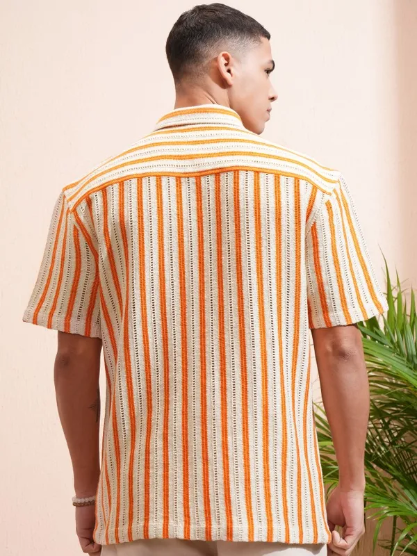 Highlander Men Beige & Orange Crochet Relaxed Shirt