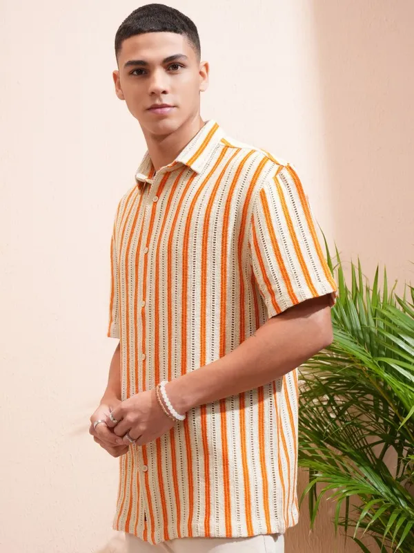 Highlander Men Beige & Orange Crochet Relaxed Shirt