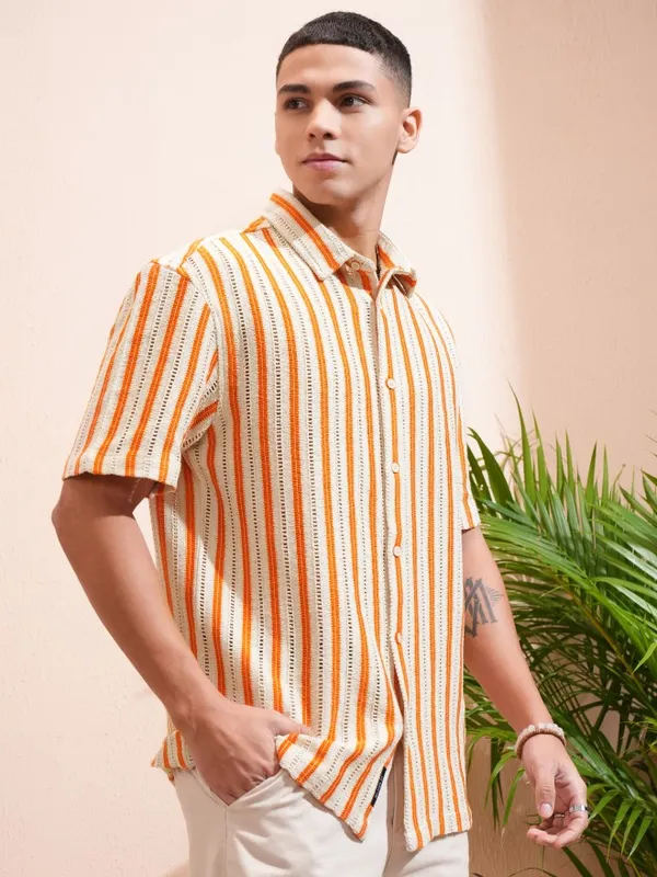 Highlander Men Beige & Orange Crochet Relaxed Shirt