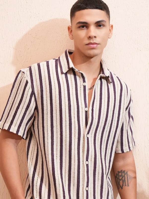 Highlander Men Beige & Purple Crochet Relaxed Shirt