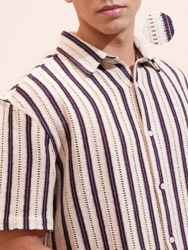 Highlander Men Beige & Purple Crochet Relaxed Shirt