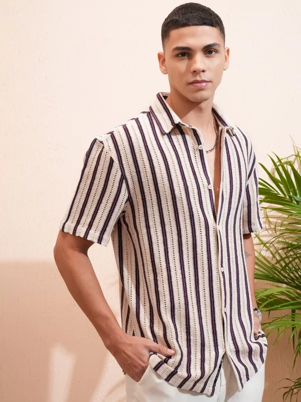 Highlander Men Beige & Purple Crochet Relaxed Shirt