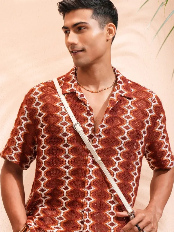 Highlander Men Rust Self Design Relaxed Fit Casual Shirt