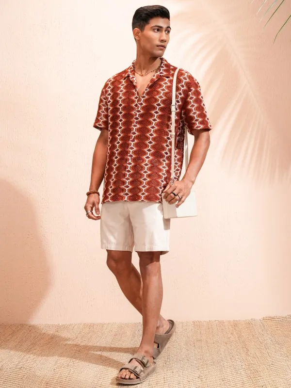 Highlander Men Rust Self Design Relaxed Fit Casual Shirt