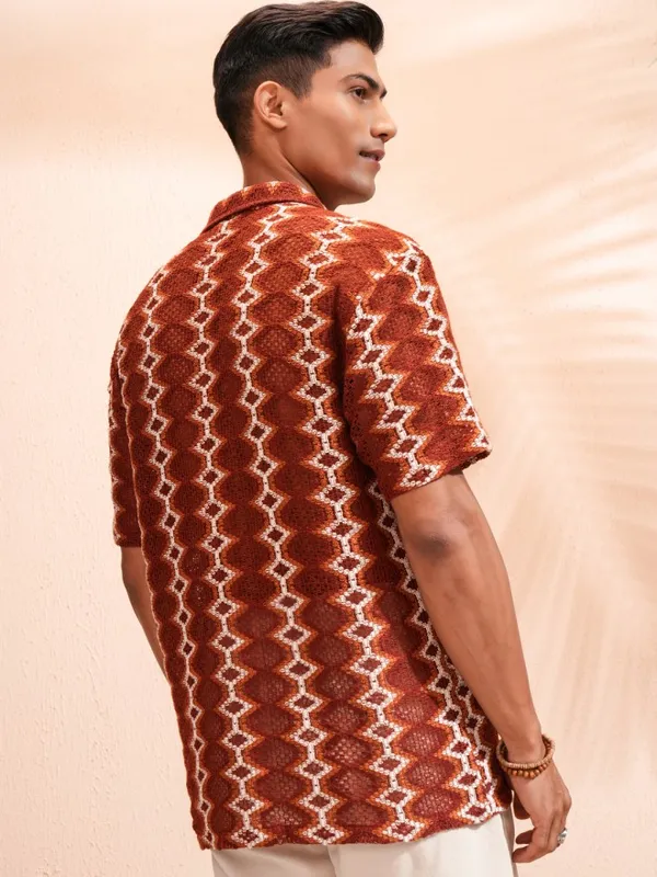 Highlander Men Rust Self Design Relaxed Fit Casual Shirt