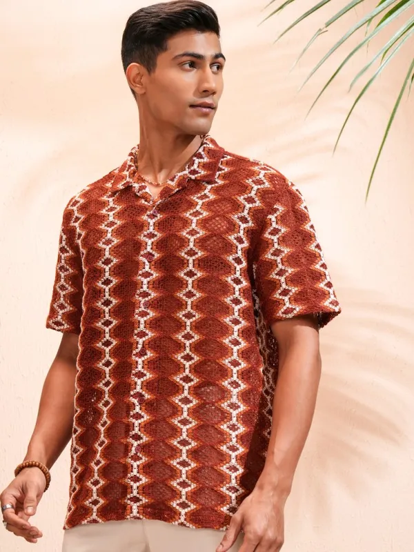 Highlander Men Rust Self Design Relaxed Fit Casual Shirt