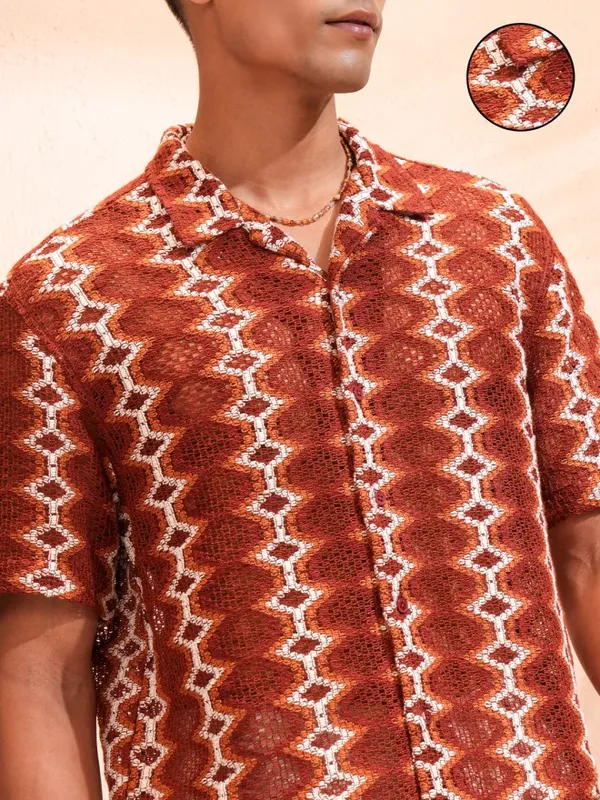 Highlander Men Rust Self Design Relaxed Fit Casual Shirt
