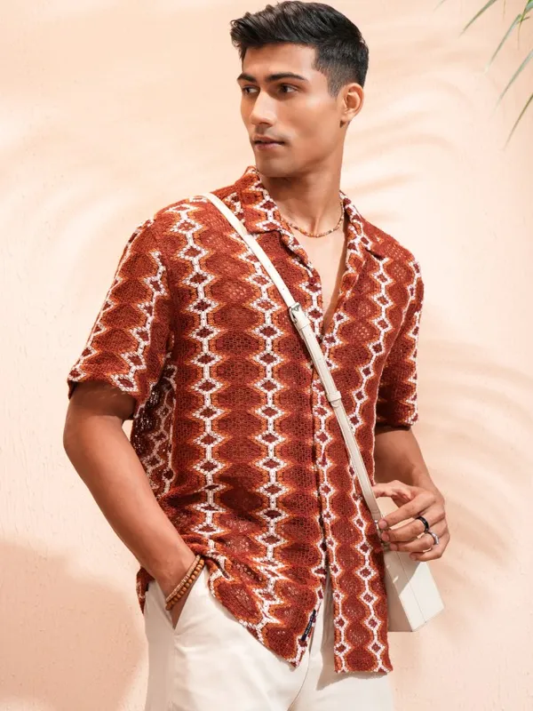Highlander Men Rust Self Design Relaxed Fit Casual Shirt