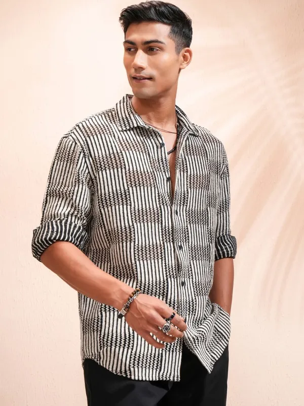 Highlander Men Black Self Design Relaxed Fit Casual Shirt