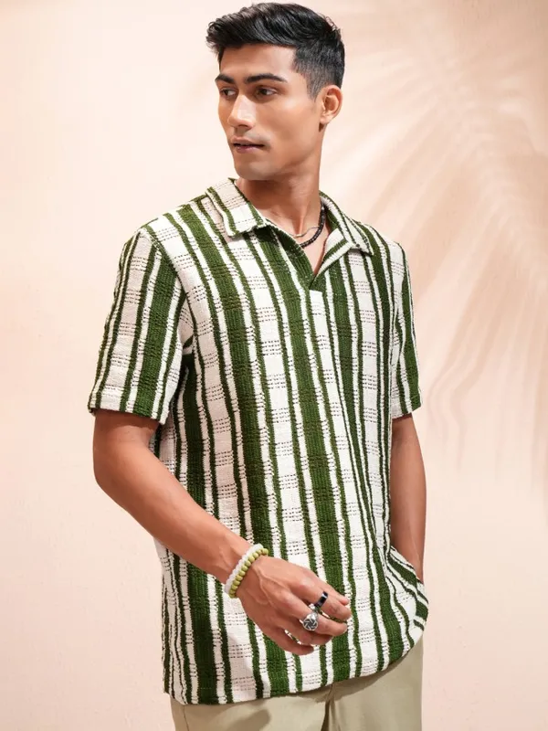 Highlander Men Beige Striped Relaxed Fit Casual Shirt