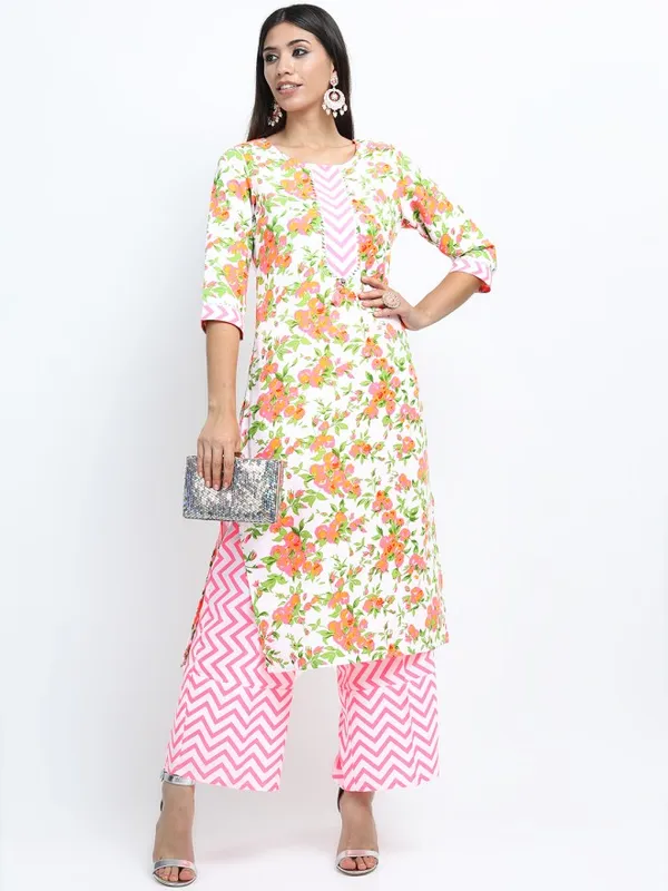 Vishudh Women Off White Printed Kurta With Palazzo And Dupatta