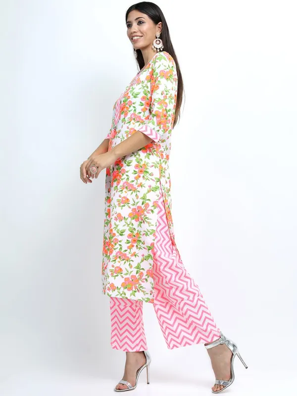 Vishudh Women Off White Printed Kurta With Palazzo And Dupatta