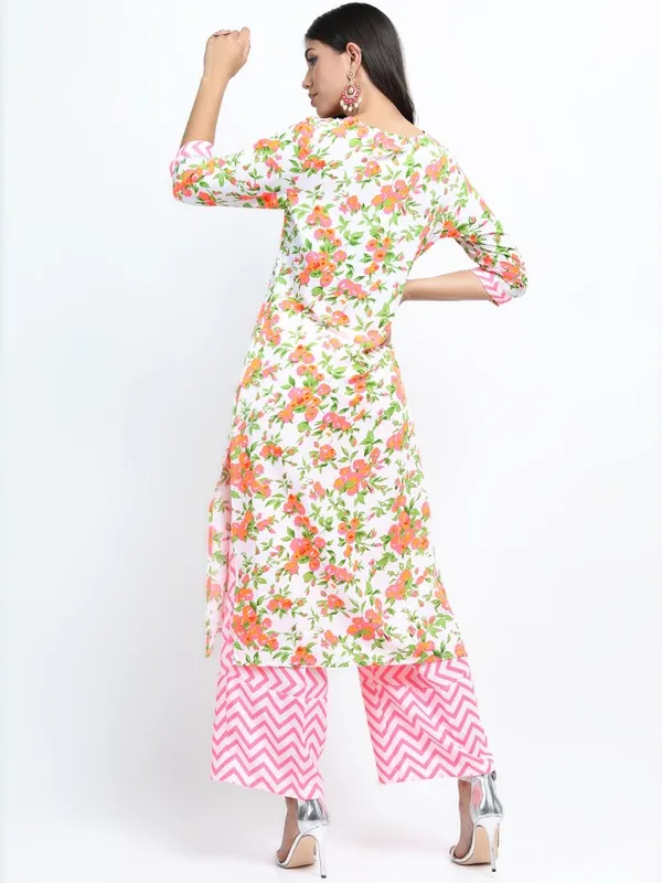Vishudh Women Off White Printed Kurta With Palazzo And Dupatta