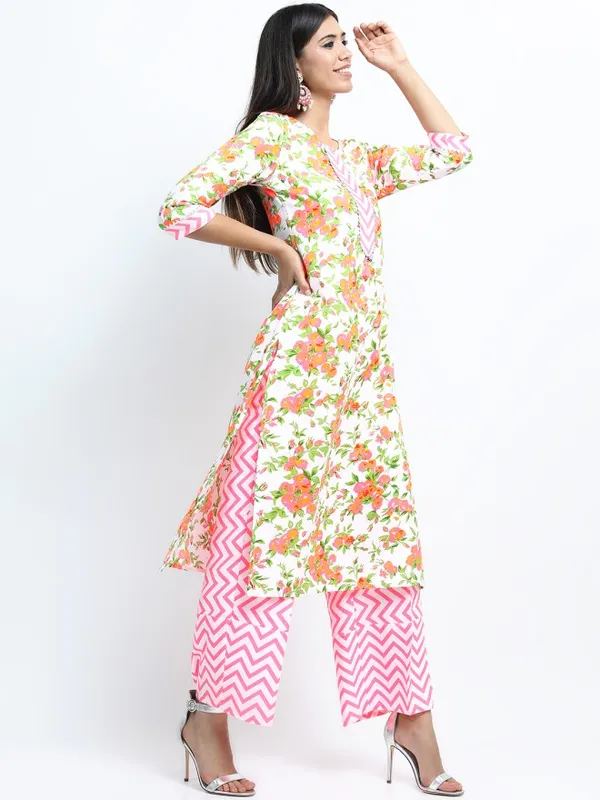 Vishudh Women Off White Printed Kurta With Palazzo And Dupatta