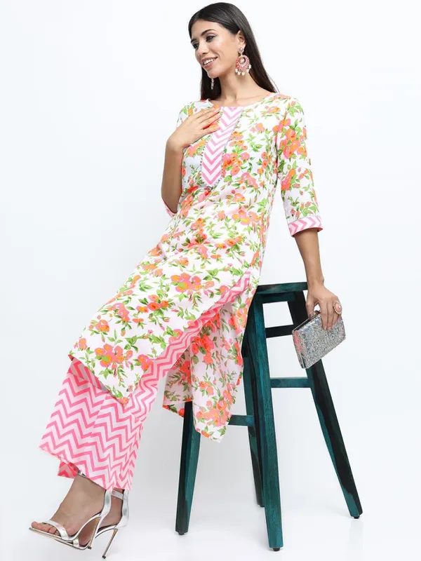 Vishudh Women Off White Printed Kurta With Palazzo And Dupatta