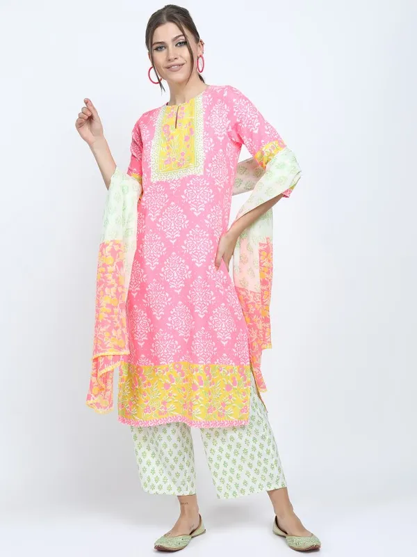 Vishudh Women Pink Printed Kurta With Palazzo And Dupatta