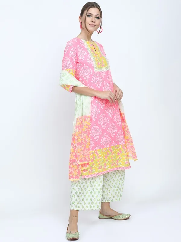 Vishudh Women Pink Printed Kurta With Palazzo And Dupatta
