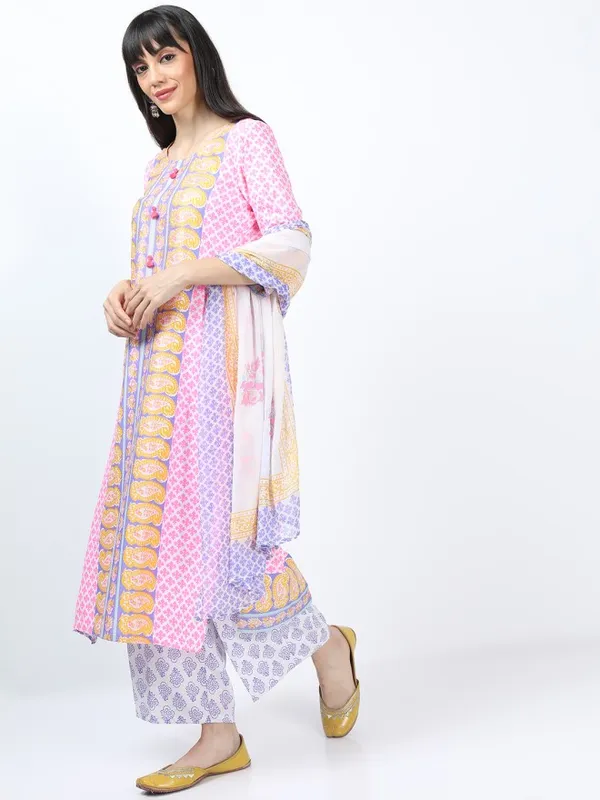 Vishudh Women Pink Printed Kurta With Palazzo And Dupatta