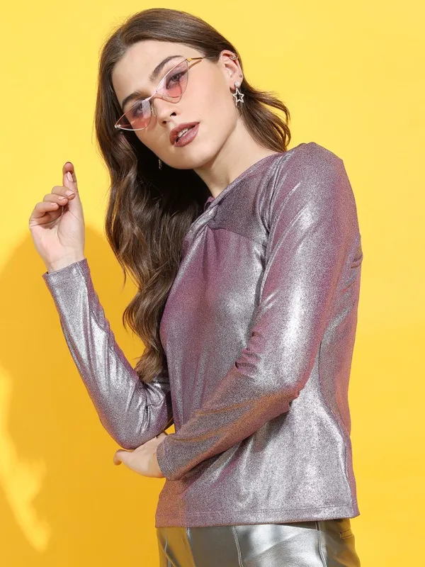 Tokyo Talkies Women Magenta Self Design Fitted Top