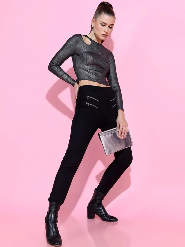 Tokyo Talkies Women Black Solid Fitted Top