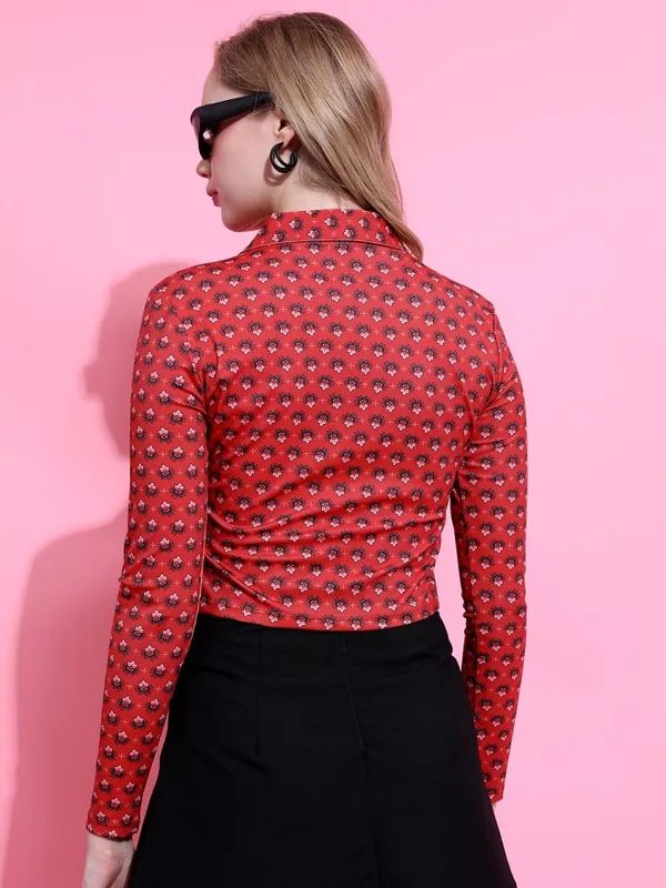 Tokyo Talkies Women Red Printed Shirt Style Top