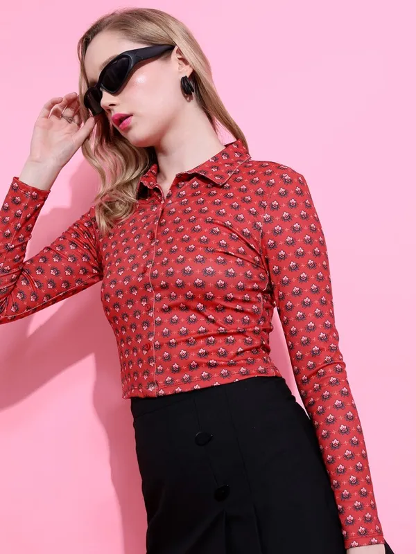 Tokyo Talkies Women Red Printed Shirt Style Top