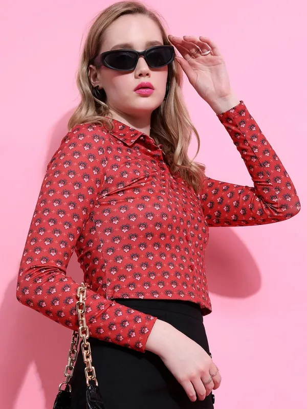 Tokyo Talkies Women Red Printed Shirt Style Top