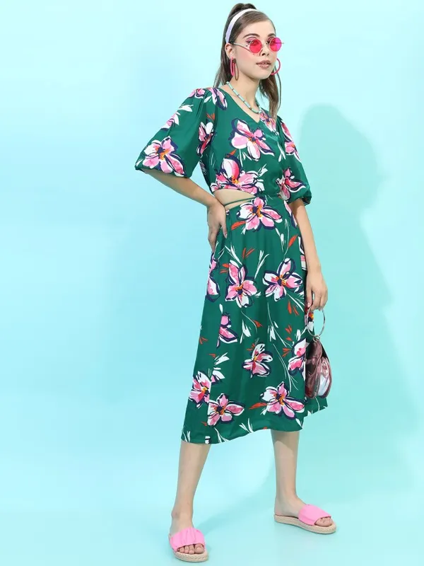 Tokyo Talkies Women Green Printed A-Line Dress