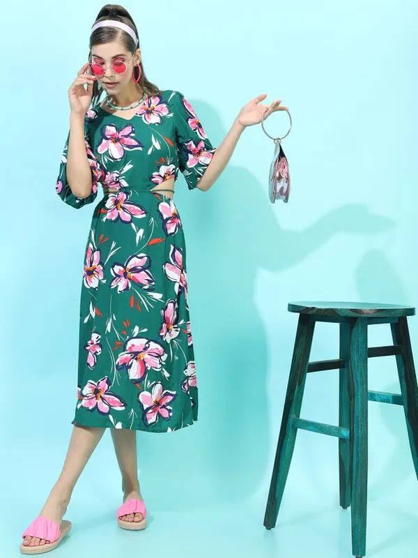 Tokyo Talkies Women Green Printed A-Line Dress