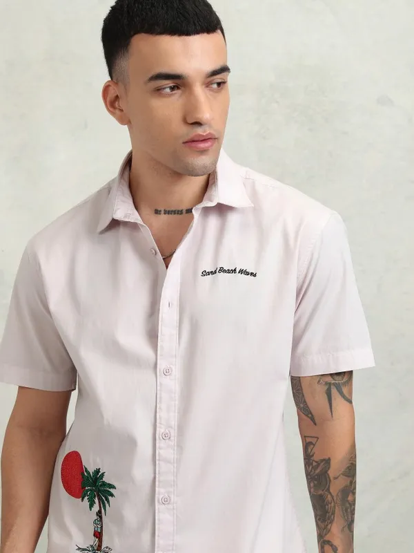 Highlander Men Pink Embroidery Relaxed Fit Casual Shirt