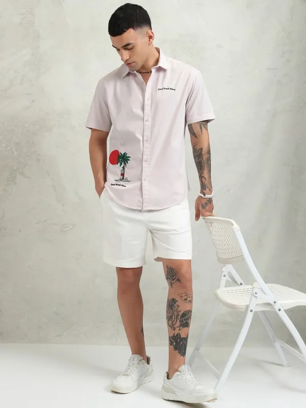 Highlander Men Pink Embroidery Relaxed Fit Casual Shirt