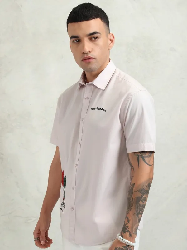 Highlander Men Pink Embroidery Relaxed Fit Casual Shirt