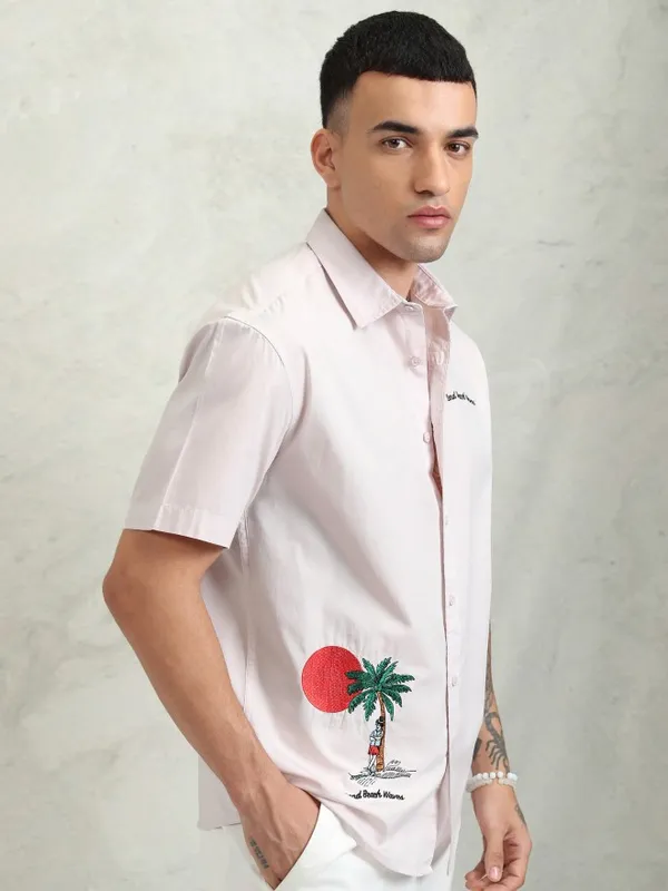 Highlander Men Pink Embroidery Relaxed Fit Casual Shirt