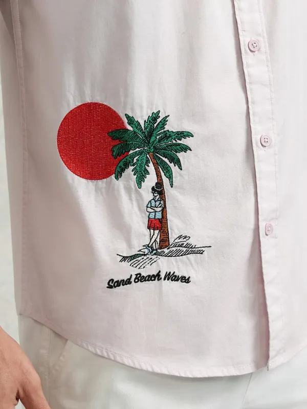 Highlander Men Pink Embroidery Relaxed Fit Casual Shirt