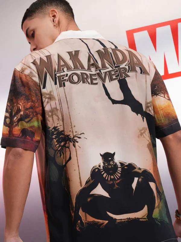 Marvel By Highlander Men Beige Black Panther Printed Relaxed Fit Casual Shirt