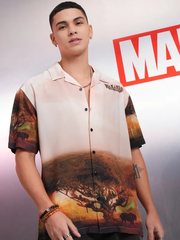 Marvel By Highlander Men Beige Black Panther Printed Relaxed Fit Casual Shirt