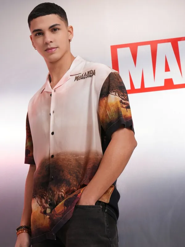 Marvel By Highlander Men Beige Black Panther Printed Relaxed Fit Casual Shirt