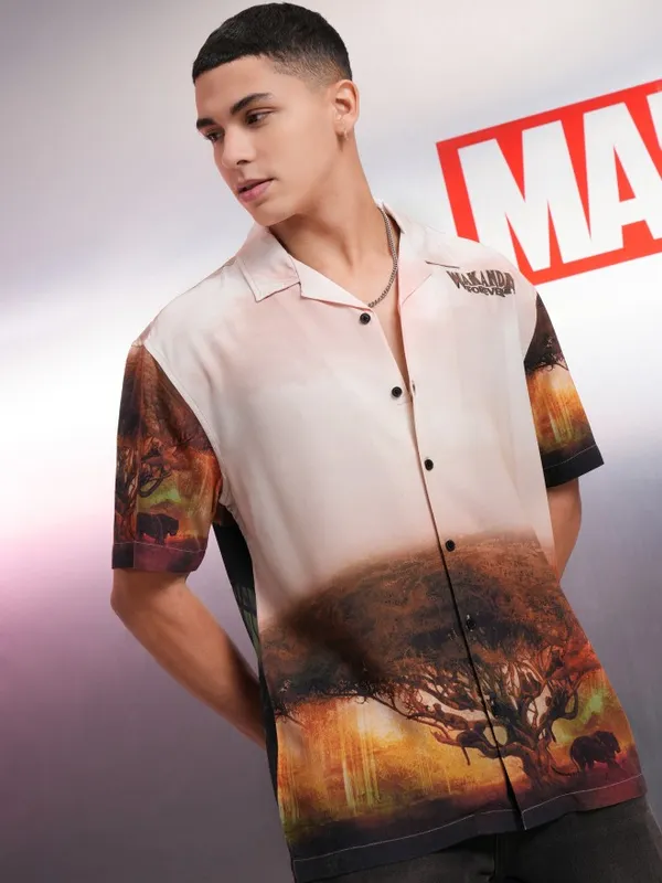 Marvel By Highlander Men Beige Black Panther Printed Relaxed Fit Casual Shirt