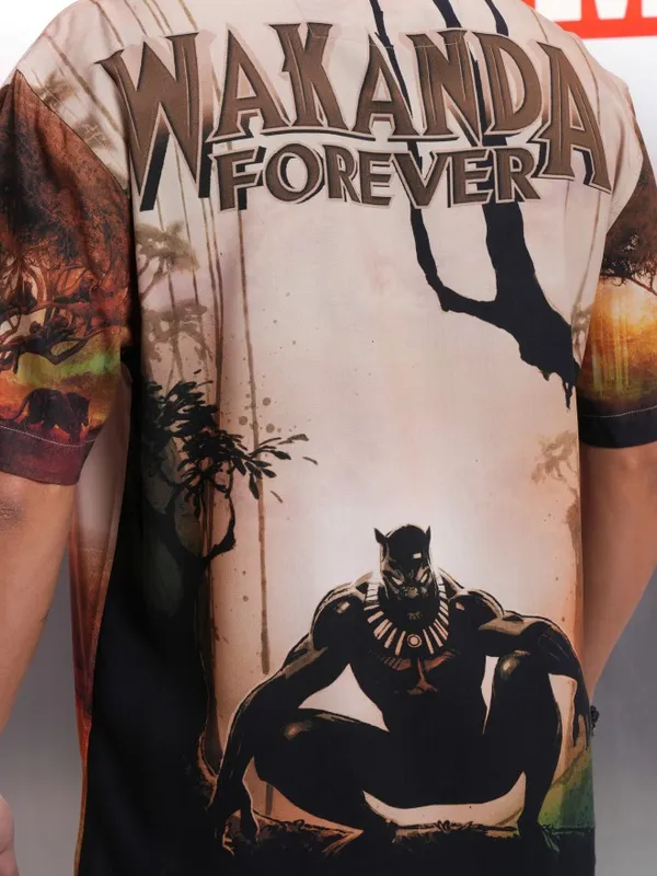 Marvel By Highlander Men Beige Black Panther Printed Relaxed Fit Casual Shirt