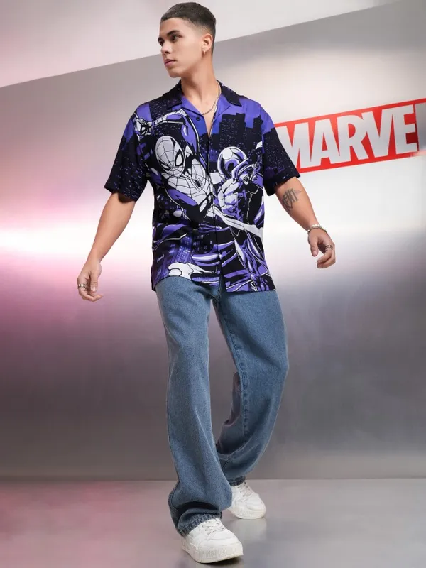 Marvel By Highlander Black Spiderman Printed Relaxed Fit Casual Shirt
