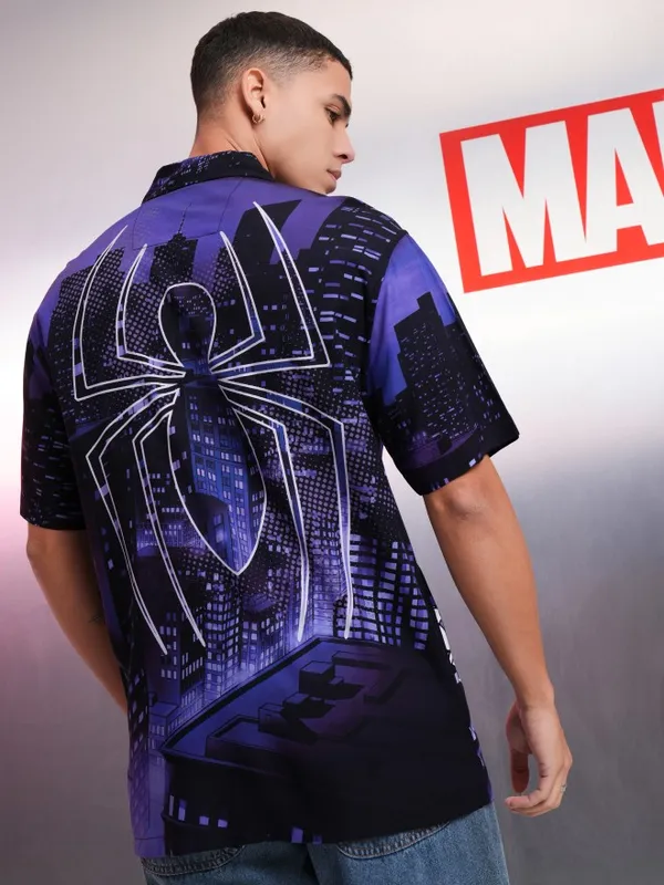 Marvel By Highlander Black Spiderman Printed Relaxed Fit Casual Shirt