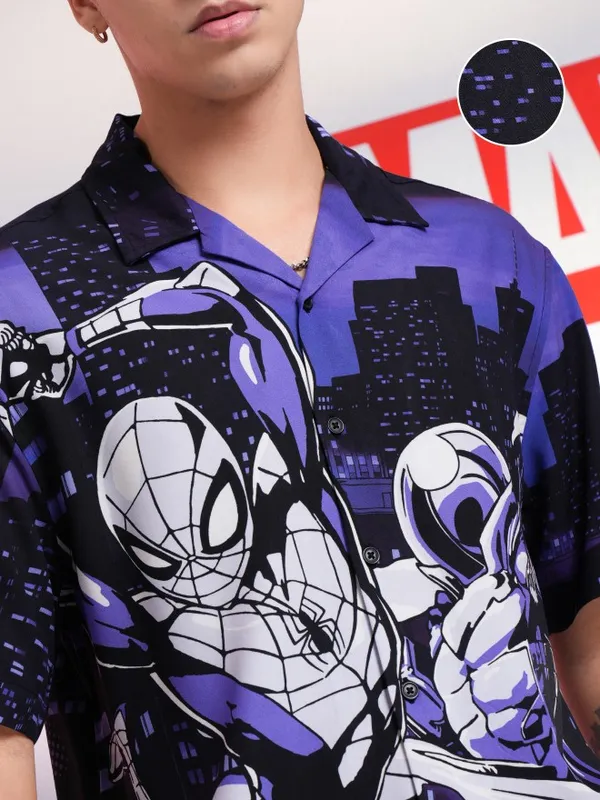Marvel By Highlander Black Spiderman Printed Relaxed Fit Casual Shirt