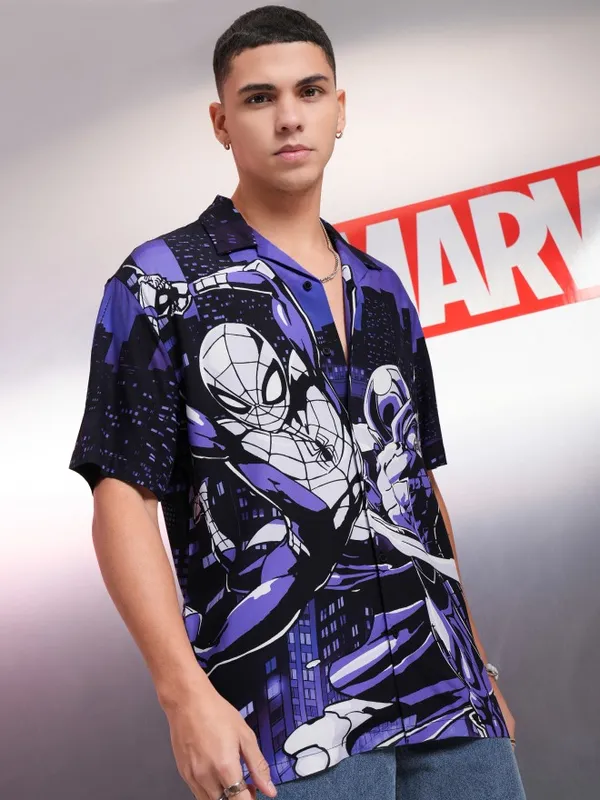 Marvel By Highlander Black Spiderman Printed Relaxed Fit Casual Shirt