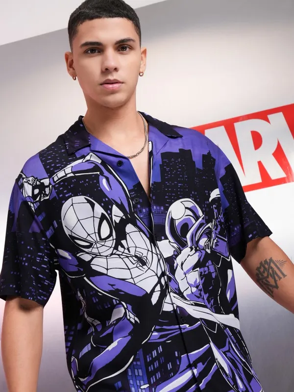 Marvel By Highlander Men Black Spider-Man Printed Relaxed Fit Casual Shirt
