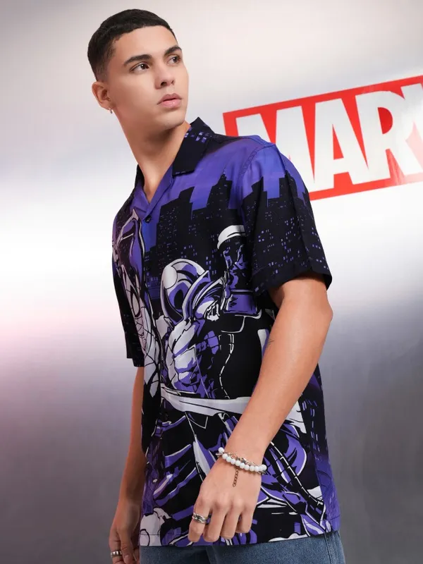 Marvel By Highlander Men Black Spider-Man Printed Relaxed Fit Casual Shirt
