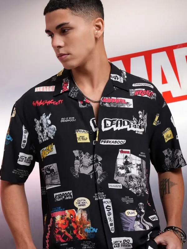 Marvel By Highlander Black Dealpool Family Printed Relaxed Fit Casual Shirt